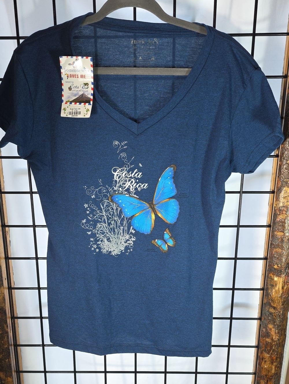 Women's Blue V-Neck Tee with Blue Butterfly Graphic -